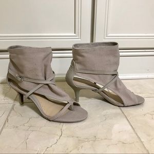 New taupe canvas bootie heels